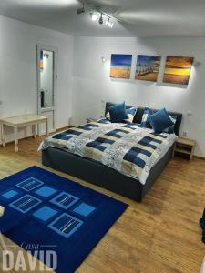 a bedroom with a large bed with blue pillows at Casa David in Braşov