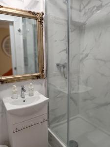 Un baño con ducha, lavabo y espejo. en Casa de Huéspedes Vecinodecerbantes, en Alcalá de Henares