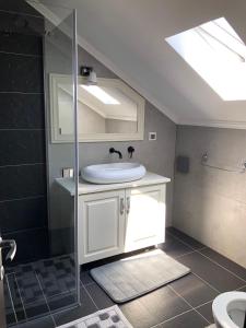 a bathroom with a sink and a shower at Pensiunea Sofia in Telciu +18 photos
