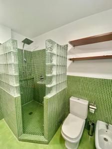 a green tiled bathroom with a toilet and a shower at Suite Homes Alamos Terrace in Málaga +18 photos