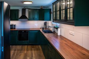 a kitchen with green cabinets and a wooden counter top at Ganzes Haus mit viel Platz für Familie und Freunde in Klagenfurt