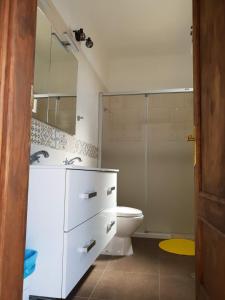 uma casa de banho com um WC e uma cabina de duche em vidro. em Casa Gerian em Vallehermoso