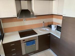 a small kitchen with a sink and a stove at Vanja’s place in Dušanovac (historical)