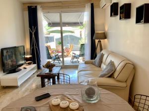 ein Wohnzimmer mit einem Sofa und einem TV in der Unterkunft Le petit Versailles in Arles