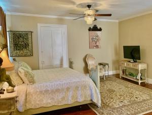 1 dormitorio con 1 cama y ventilador de techo en The Beaumont House Natchez en Natchez