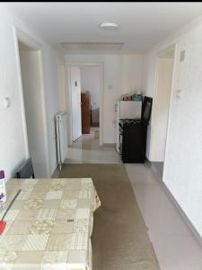 Privatni smestaj - Rooms في Dobrosin: غرفة فارغة فيها سرير وثلاجة