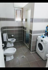 a bathroom with a toilet and a washing machine at Privatni smestaj - Rooms in Dobrosin