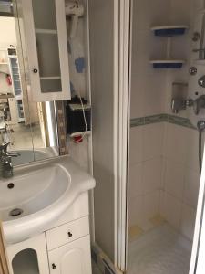 y baño con lavabo y ducha. en La Casetta Bianca Vicino Mare en Vibo Valentia Marina