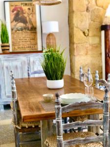 a wooden table with a plant on top of it at Chez Luis et David in Avignonet-de-Lauragais