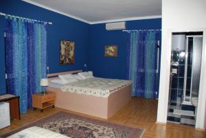 卡爾盧巴格的住宿－Hotel Palace Vrkljan，一间拥有蓝色墙壁的卧室和一张位于客房内的床