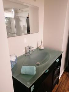 La salle de bains est pourvue d'un lavabo vert et d'un miroir. dans l'établissement Superbe condo bord de l'eau à Magog, à Magog
