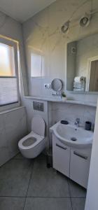 łazienka z toaletą, umywalką i lustrem w obiekcie Apartamenty Hexagon nr 11 w Grzybowie