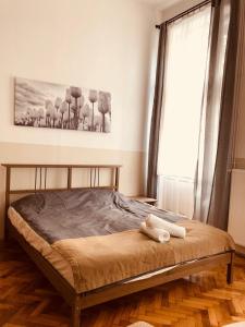 1 cama en un dormitorio con ventana grande en Downtown Apartment, en Budapest