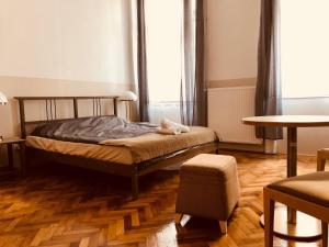 ブダペストにあるDowntown Apartmentのベッドルーム1室(ベッド1台、椅子、テーブル付)