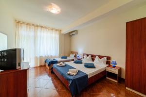a bedroom with two beds and a flat screen tv at Vila Margo in Eforie Nord
