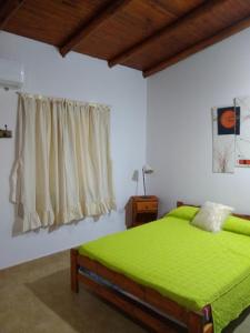 哥倫布的住宿－Complejo El Espinillo，一间卧室设有一张绿色的床和一个窗户。