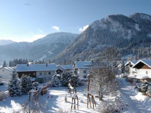 a village in the snow with mountains in the background at Ferienwohnung Breitenbergblick in Pfronten