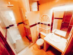 een badkamer met een toilet, een wastafel en een douche bij Zona Sur - Lindo Monoambiente en la Meseta de Achumani - URBEANDINA in La Paz