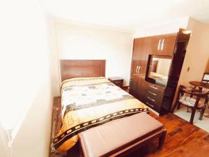 een slaapkamer met een bed, een dressoir en een spiegel bij Zona Sur - Lindo Monoambiente en la Meseta de Achumani - URBEANDINA in La Paz