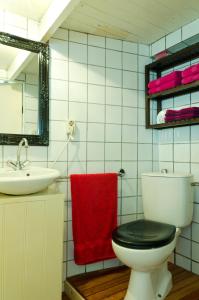 a bathroom with a toilet and a sink and a red towel at Houseboat Prince-Avalon in Amsterdam