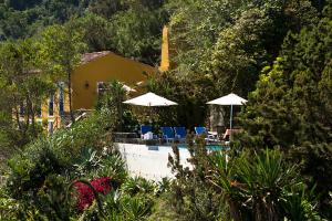 a pool with two umbrellas and chairs and a house at Casa do Lado in Povoação