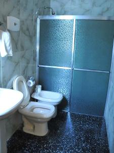 a bathroom with a toilet and a shower and a sink at Hotel Uruguay Brasil in Rivera