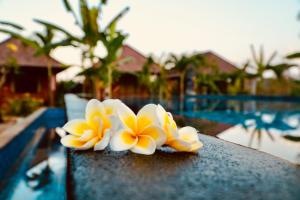a pair of flowers sitting on a table next to a pool at Gedong Nusa Huts in Nusa Lembongan