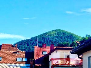 a mountain in the distance with houses and trees at Apartman Balkan in Visoko