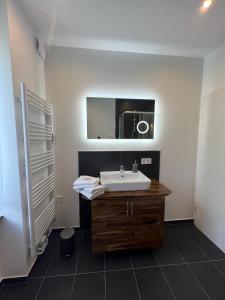 een badkamer met een wastafel en een spiegel bij Zentrale und schöne Ferienwohnung II in Lübeck