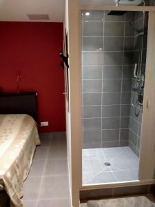 eine Dusche mit Glastür in einem Schlafzimmer in der Unterkunft Chambre d'hôtes Juline 