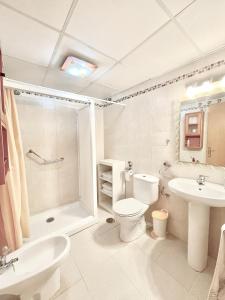 マラガにあるJazmín Apartamentos Centroのバスルーム(トイレ、シャワー、シンク付)