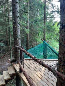 a hammock on a wooden bridge in a forest at Nature calls - tree tent 2 in Būtingė