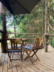 dwa krzesła i stół na tarasie z parasolem w obiekcie Nature calls - tree tent 2 w mieście Būtingė