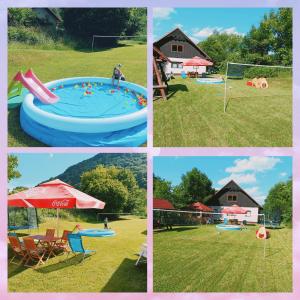 a collage of four pictures of a trampoline at Casa La Măriuca in Bran