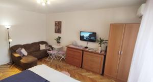 salon z kanapą i telewizorem w obiekcie Fürdő Apartman w mieście Makó