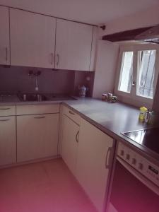 eine Küche mit weißen Schränken, einem Waschbecken und einem Fenster in der Unterkunft Semplice casa in Bellinzona
