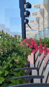a row of benches with pink flowers on a balcony at R&I Sea and Mountain View Apartments Radhimë in Orikum