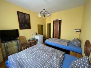 Habitación pequeña con 2 camas y TV. en Villa Senator with access Kitchen - Adults Only, en Zielona Góra