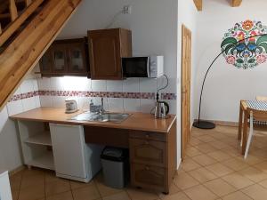 a kitchen with a sink and a microwave at Pokoje Podzamcze in Stare Drawsko