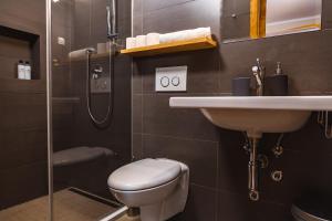 La salle de bains est pourvue de toilettes, d'un lavabo et d'une douche. dans l'établissement Guest House PachaMama, à Piran