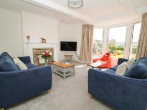 ein Wohnzimmer mit 2 blauen Sofas und einem TV in der Unterkunft Chestnuts at Youlton Lodge in York