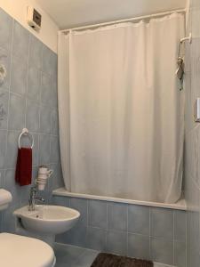 アスコナにあるAscona - Casa Collegioのバスルーム(シャワーカーテン、トイレ、シンク付)