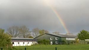 um arco-íris sobre um celeiro verde com um campo em Akebys Erholung in besonderer Atmosphäre, inkl Pflegepony, Gastpferdeboxen vorhanden em Boren