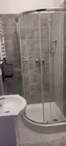 a shower with a glass door next to a sink at Ali 3 in Sosnowiec