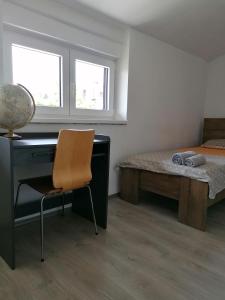 1 dormitorio con escritorio, 1 cama y 1 silla en Sunflower Accommodation, en Liubliana