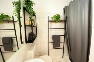 a bathroom with a toilet and a shower with plants at Business & Tourist Apartment with Balcony in Osnabrück