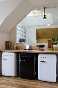 a kitchen with two refrigerators and a counter top at Superbe Loft Rumilly, 2 à 6 pers, 100 m2, proche ANNECY et AIX LES BAINS in Rumilly