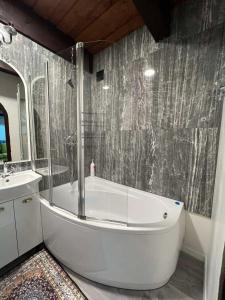 a bathroom with a tub and a sink and a shower at Tiltų 5 Apartment in Klaipėda