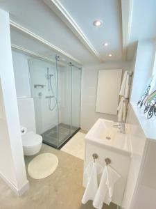 a bathroom with a glass shower and a toilet at Emma Lodge Zandvoort in Zandvoort