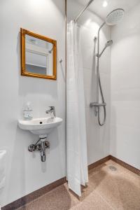 a bathroom with a shower, sink, and mirror at Danhostel Odense Kragsbjerggaard in Odense